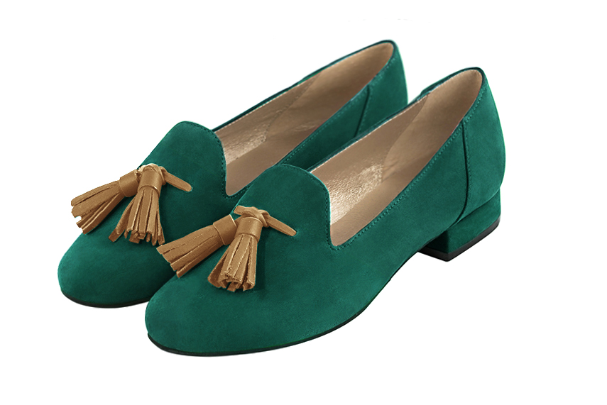 Emerald green and camel beige women's loafers with pompons. Round toe. Flat leather soles. Front view - Florence KOOIJMAN